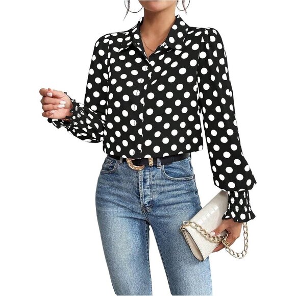 Tops - Women's Polka Dots Button Down Shirt Ruffle Bishop Long Sleeve Top